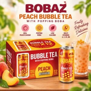 BOBAZ Peach Bubble Tea with Popping Boba 12 x 310ml | Low Calorie Fruit Drink