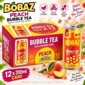 BOBAZ Peach Bubble Tea with Popping Boba 12 x 310ml | Low Calorie Fruit Drink