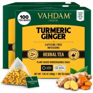VAHDAM Turmeric Ginger Herbal Tea 100 Pyramid Bags Caffeine Free 200g