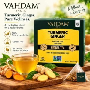 VAHDAM Turmeric Ginger Herbal Tea 100 Pyramid Bags Caffeine Free 200g